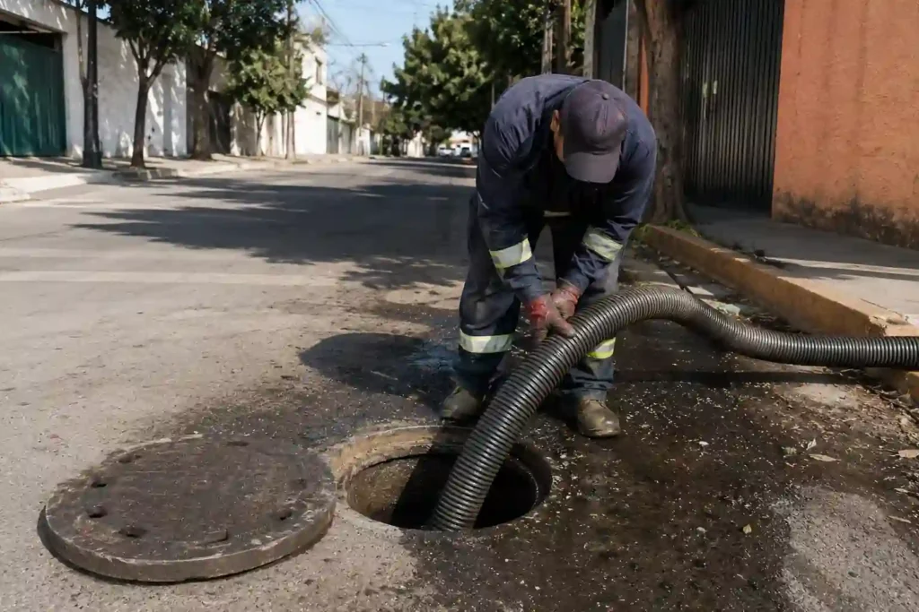 Técnico de Plomeros y Desazolve realizando desazolve de alcantarillado con manguera de succión en Azcapotzalco