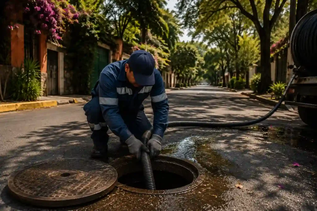 Técnico de Plomeros y Desazolve realizando desazolve de alcantarillado con manguera de succión en Coyoacan