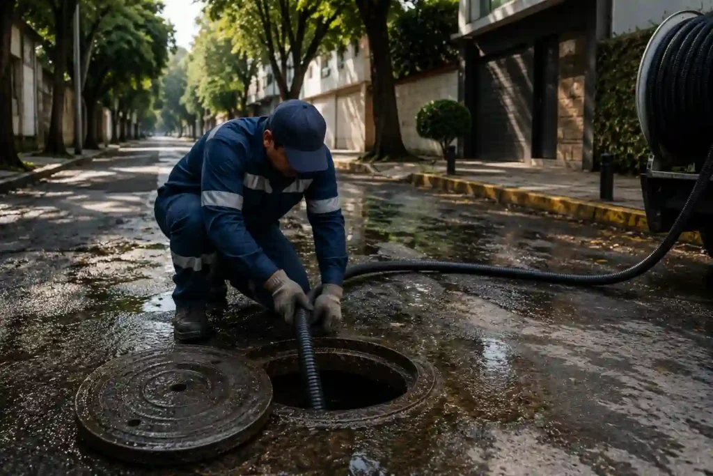 Técnico de Plomeros y Desazolve realizando desazolve de alcantarillado con manguera de succión en Miguel Hidalgo