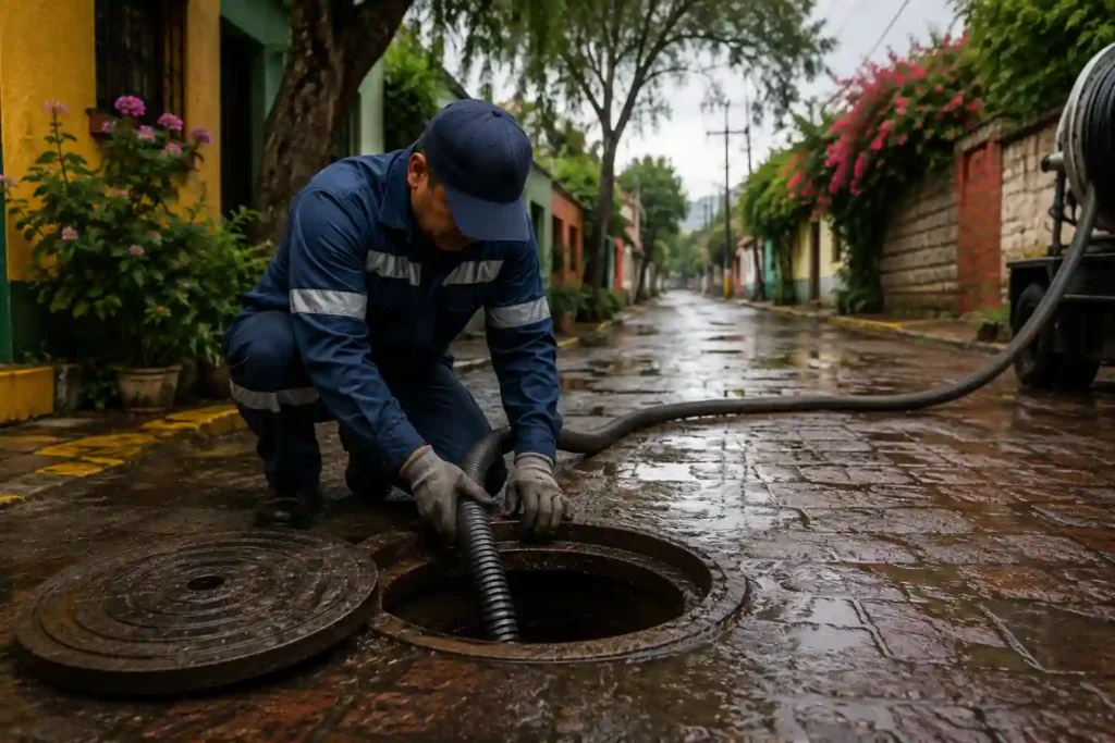 Técnico de Plomeros y Desazolve realizando desazolve de alcantarillado con manguera de succión en Xochimilco