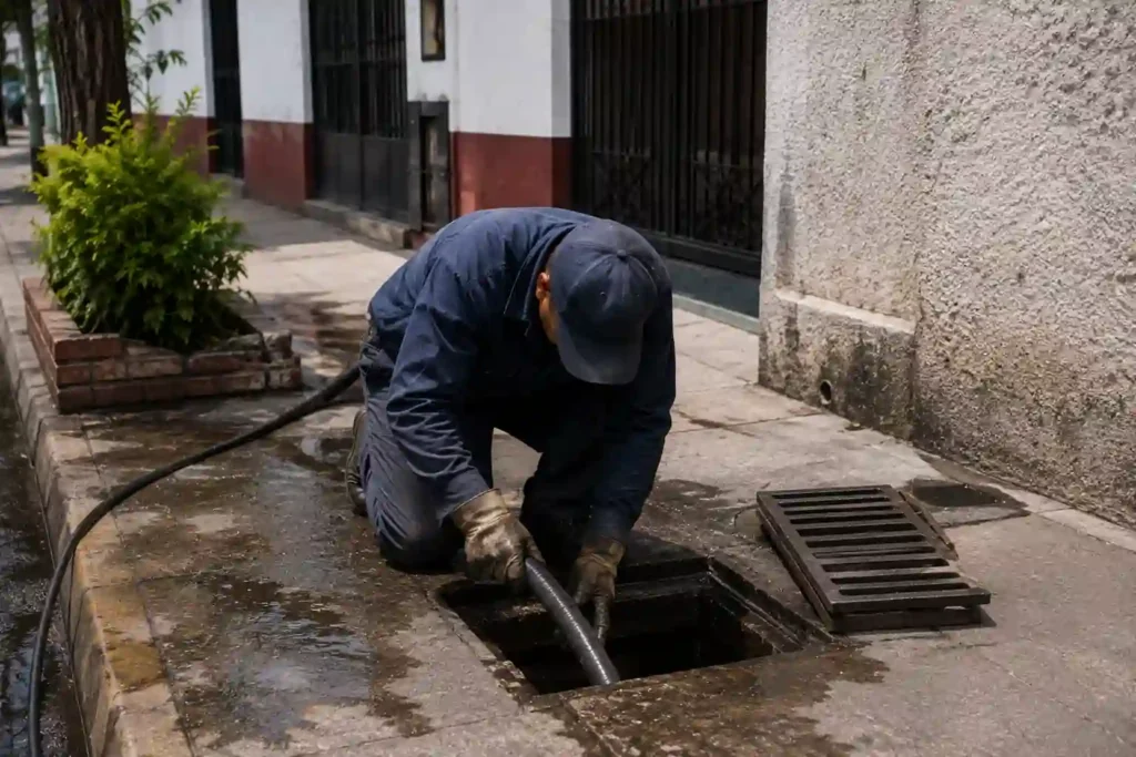 Técnico de Plomeros y Desazolve realizando desazolve de alcantarillado con manguera de succión en Iztapalapa