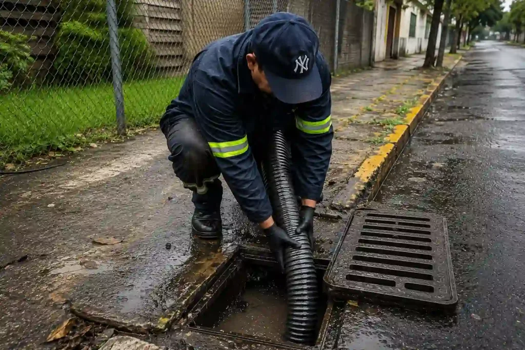 écnico de Plomeros y Desazolve realizando desazolve de alcantarillado con manguera de succión en Gustavo A. Madero