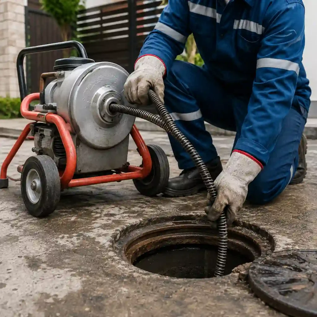 Técnico de Plomeros y Desazolve operando sonda eléctrica para el desazolve de coladera de piso en Tlalpan